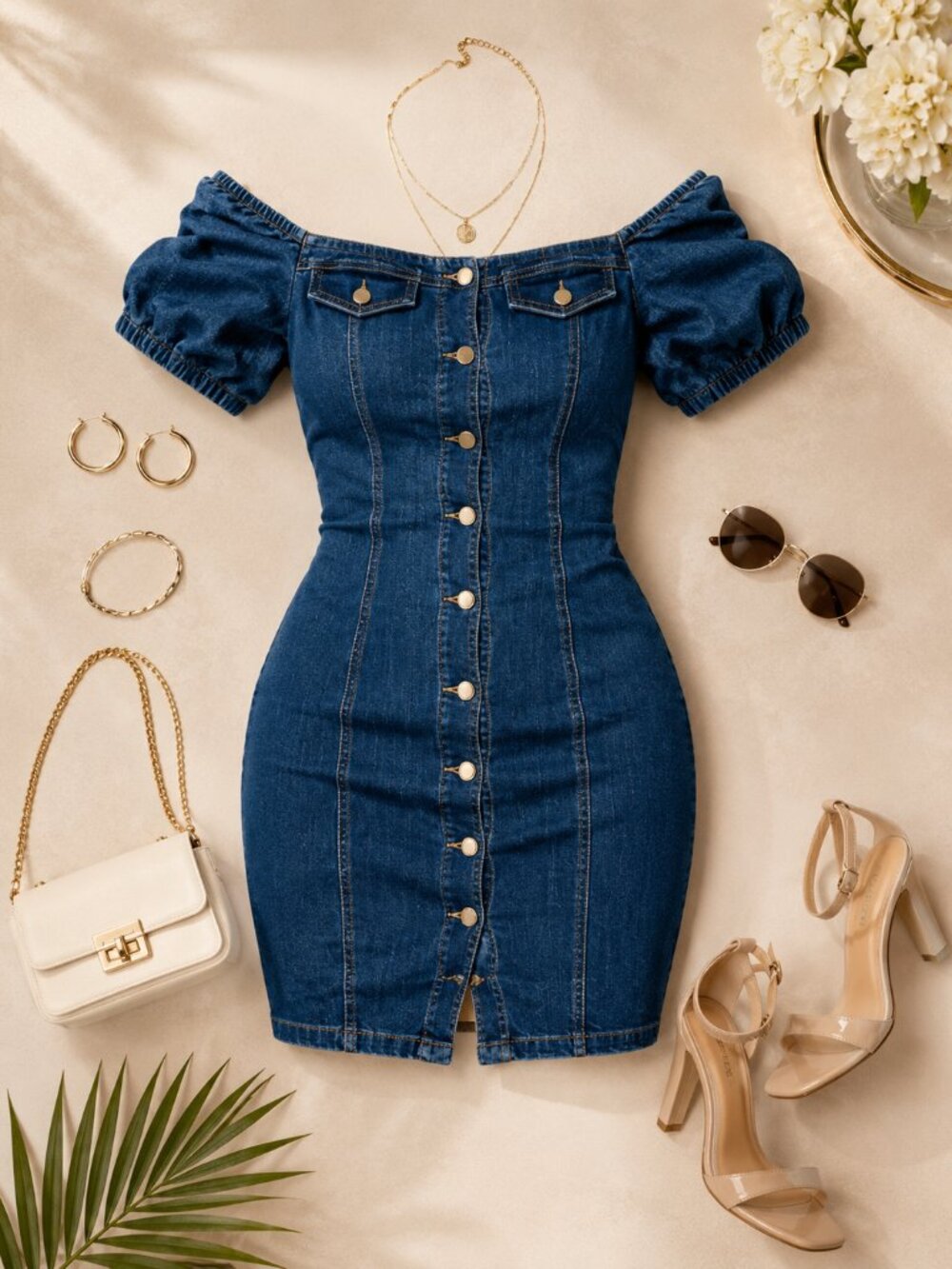 Blue Denim Mini Dress w/ Puff Off Shoulder Sleeves - Picture 1 of 3